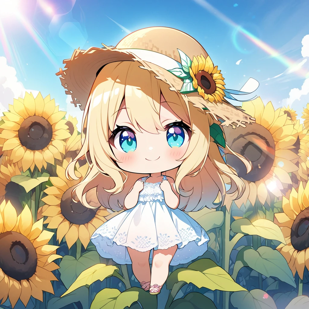 masterpiece, best quality, 4k、2D illustration, one beautiful girl, solo、(((chibi style)))、((vivid colors))、cute chibi, lovely chibi、((colorful))、cute pose, ((long beautiful hair)), glossy light blonde hair, hair between eyes, cute, beautifully detailed eyes、((lacy white summer dress))、((straw hat))、((hibiscus hair ornament)), flip-flops, ((happy smile))、((full body shot))、((sunflower field))、((gentle breeze))、((blue sky))、sunbeam, white light, ((lens flare)), ((high color saturation)),