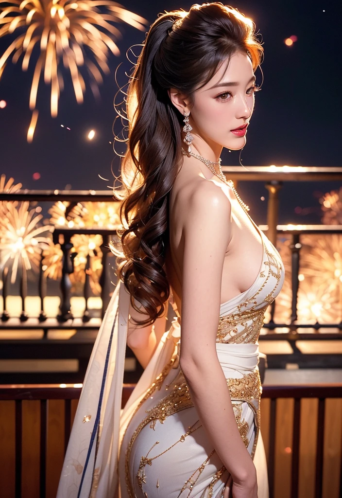 (On the veranda of a traditional Japanese house)、masterpiece、light makeup、Red lips、Beautiful Hair、(Medium Hair:1.3)、elegant、Very delicate detailasterpiece、Authentic texture、Cinematic Lighting Realism、Perfect job、16K、High resolution、exquisite features、Brown eyes、(超High resolutionの目:1. 1)、Japanese Idols、Beautiful Face、(Gentle smile like a goddess)、Charm、Shapely breasts、Beautiful valley、Shiny skin、((Nude side slit floral dress:1. 3))、break、big, crisp eyes、Smooth Skin、Earrings、necklace、Standing posture、(Ground shot:1.2)、(Sit on the balcony corridor)、(A beautiful girl watching multiple fireworks sparkling in the night sky from the balcony)、(A collaboration of large and small fireworks that illuminate the surroundings)、((Back view of people watching fireworks。The gaze is not on the camera、Suitable for outdoor fireworks)),((Look up and see far away))
