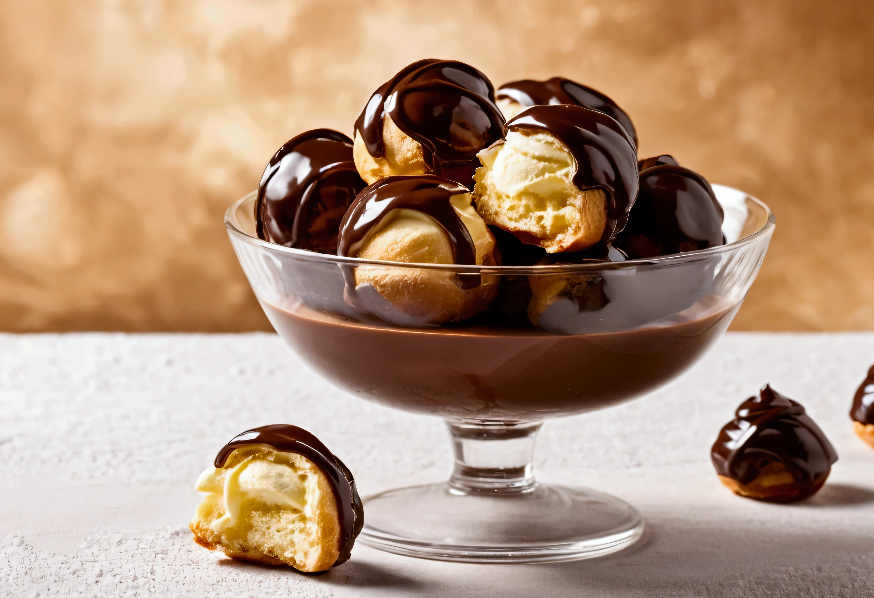 profiteroles in a glass in chocolate, elegant cream elegant background like in a commercial, everything in focus