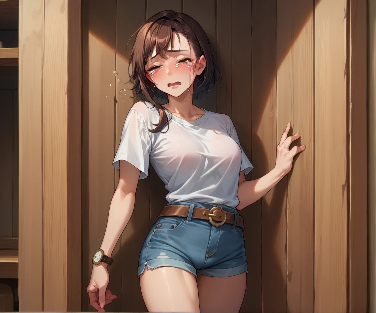 Short sleeve shirt、Super denim shorts、belt、Shyness、Japanese Beauty、Drunk and crying、Standing in front of a wooden wall、watch