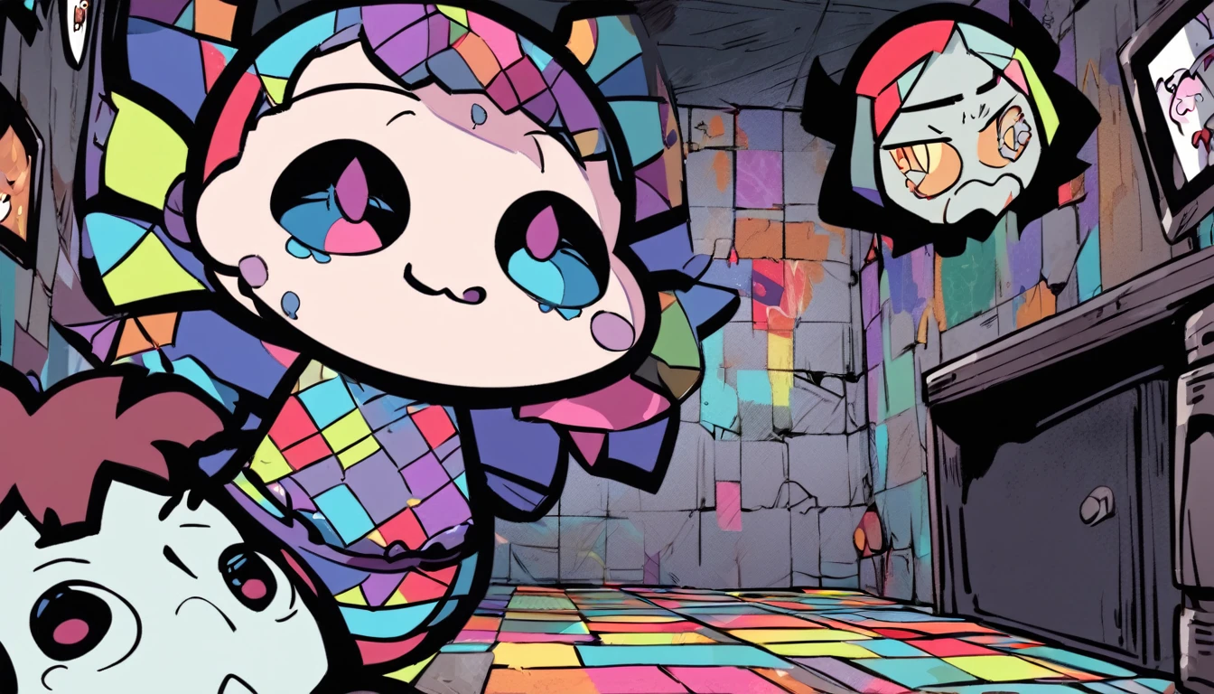 dark barred basement, a cute  with evil smile, poorly drawn cartoon-style images, colorful patchwork of contrast magic