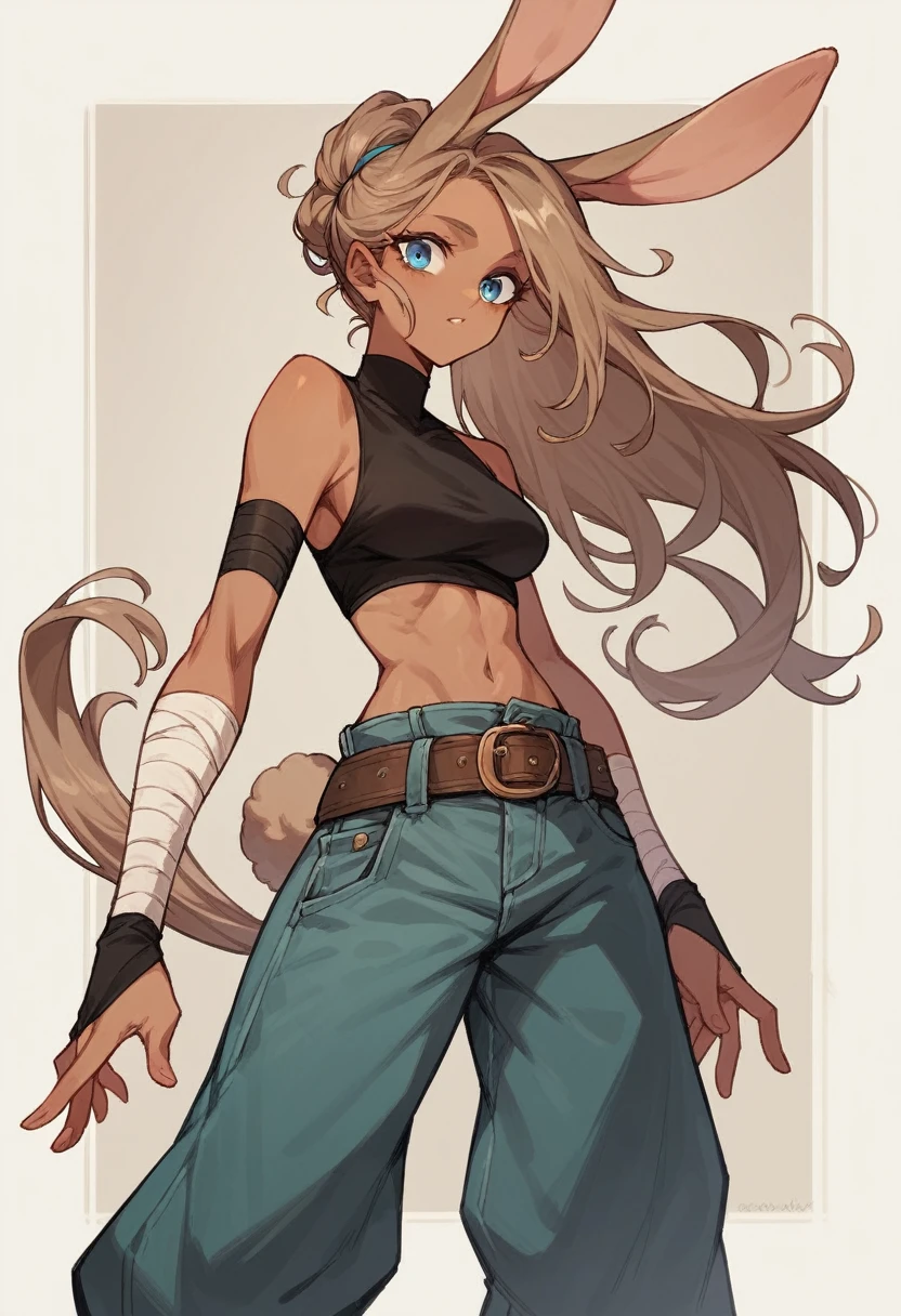 Bunny woman, rabbit woman, baggy pants, belt, blue eyes, tan skinned female, tanned, tan skin, dark skin, long pony tail, light brown hair, midriff, arm wraps,