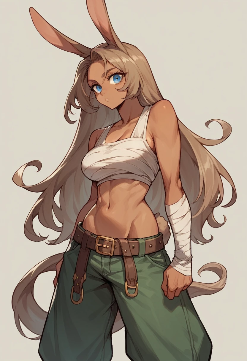 Bunny woman, rabbit woman, baggy pants, belt, blue eyes, tan skinned female, tanned, tan skin, dark skin, long pony tail, light brown hair, midriff, arm wraps,