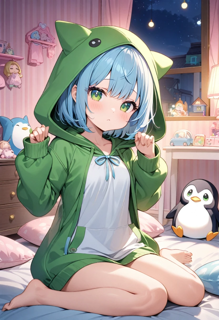 Highest quality、Light blue hair、Short Bob、Deep green eyes、Small breasts、Green hood,Wearing a hood,Age 25,foot pose,sleepy,Bedroom at night、Fancy Girl's Room、Holding a large stuffed penguin