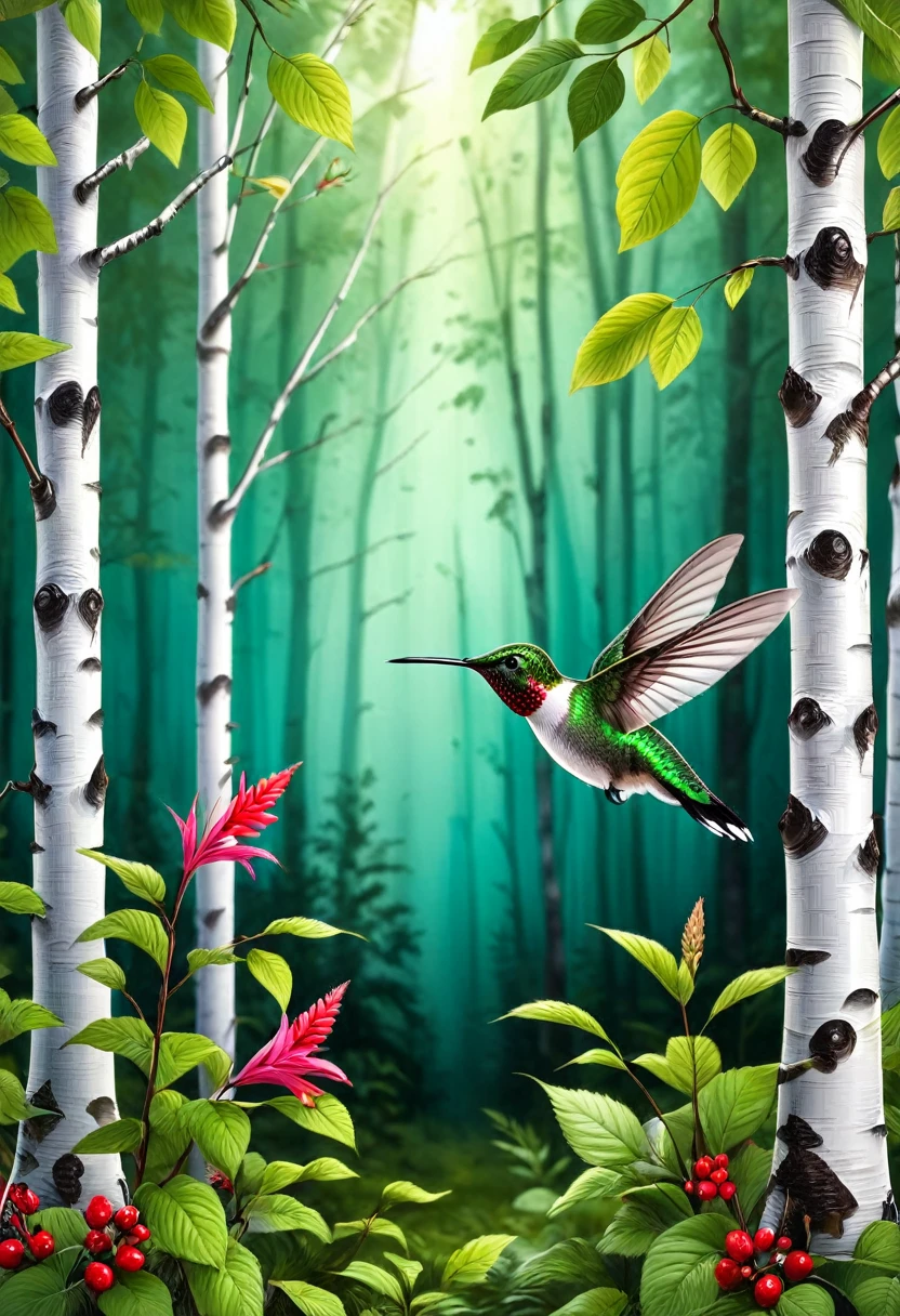 "black forest background, contrast translucent foldable white birch hummingbird, vivid, 8k, Vibrant, ral-3dwvz, to AVO'commitment to making a positive difference in. Consider using elements that convey feelings of togetherness, solidarity and hope. The design must be welcoming, inclusive and easily recognizable, reflecting the foundation'Our mission is to bring help and support to those who need it most.".