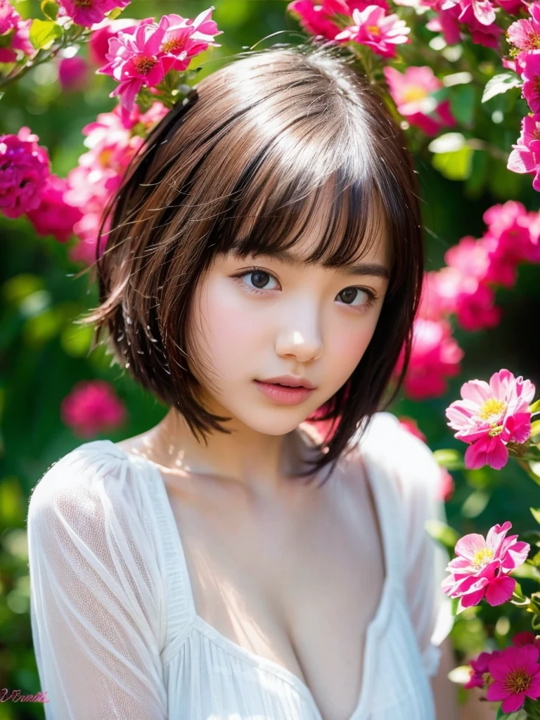 ((extra short hair, sidelocks-hair, 1Girl)), solo, ((14 years old)), upper body, (beautiful nipples, beautiful breasts, hard nipples), Ultra High Resolution, (Realistic:1.3), RAW Photo, Best Quality,  (Photorealistic), Soft Light, (cute clothes:1.2), (depth of field), (masterpiece), bangs, (high detailed face:1.3), lot of flowers, garden,