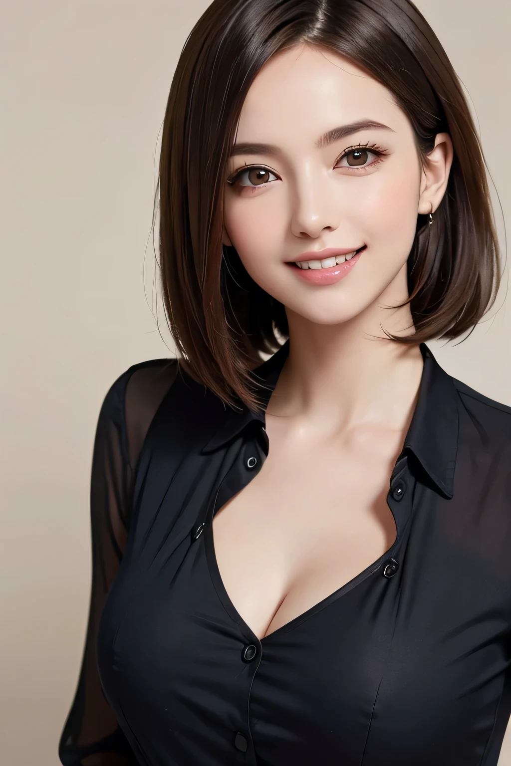 ((masterpiece)), ((Highest quality)), ((Complex)), ((Surreal)), (Realistic), (Mature Woman), ((There are no classes)), Very detailed, (1 female), Beautiful and exquisite, (Beautiful Teeth), Grin, Brunette bob hair, Brown eyes, ((blouse)), (Upper Body), (background:none), Perfect Eyes, Captivating eyes, Looking at the audience