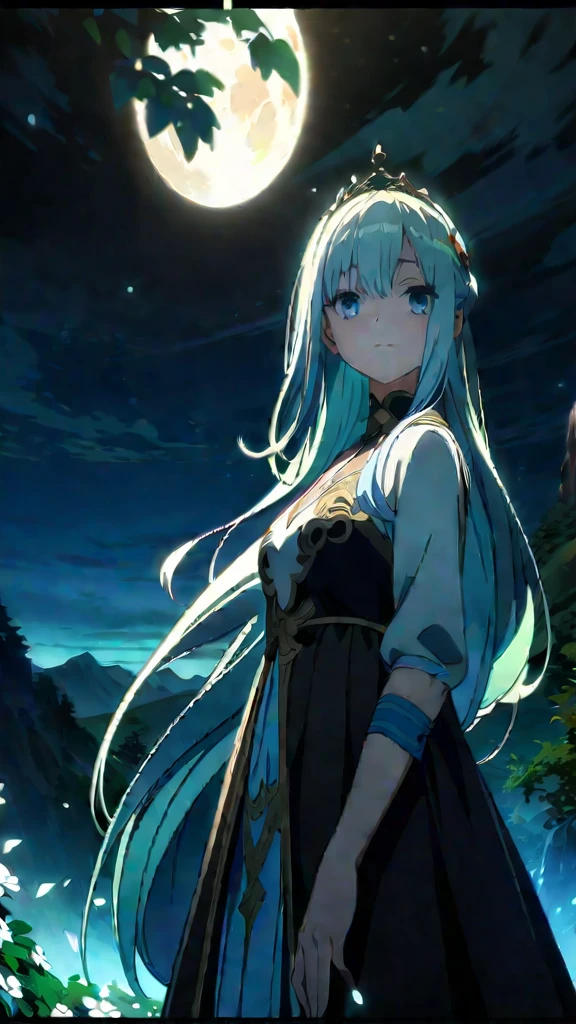 Very detailedな目と顔,Very delicate and beautiful,Very detailed,CG,Unity,8k wallpaper,wonderful,detailed,masterpiece,The best quality in the best condition,Official Art,Very detailed CG 8k Unbelievably ridiculous resolution,Beautiful and exquisite,High resolution,Anime girl with blue eyes and a crown of flowers, Anime Style 4k, anime art wallpaper 4k, anime art wallpaper 4k, Beautiful Anime Girls, Beautiful anime portraits, Anime Art Wallpapers 8K, Detailed digital animation art, gown,Beautiful full moon