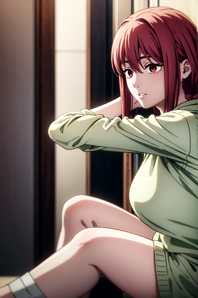 anime, detailed, smooth anime, blunt, CG art, masterpiece, low quality, best quality, 1girl, disheveled hair, focus on face, simple background, long hair, socks, brown hair, hair between eyes, calm, oversized hoodie, long bangs, tied hair, braided hair, makima eyes, ribbons in hair, crimson red eyes, large breasts, breasts, perfect face, perfect legs, no pants, full lips, add_detail:-3
