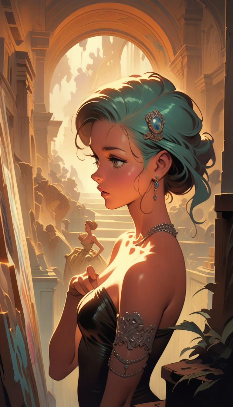 ((best quality)) , ((masterpiece)) , (detailed)，illustration art by Dave Stevens and Lillian Bassman, Graceful (Man:1.2) , Multicolor hair styled as Caesar cut, Comic books, graphic novels, retro style, pin-up art, Fashion and art,elegant and sophisticated, innovative use of light and shadow, capturing the glamour of mid-20th century fashion, portrait art by Mary Cassatt, glossy, ambient, Complex, full color, fine artistic composition, enchanted,(((Ancient Roman times)))