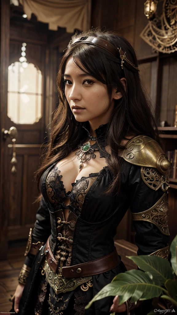 a Riho Yoshioka with dark brown hair and tattoos in a dress, fantasy victorian art, fantasy art style, fantasy style art, detailed fantasy art, beautiful fantasy art, trending digital fantasy art, detailed fantasy digital art, fantasy outfit, steampunk beautiful anime woman, gothic fantasy art, epic fantasy art style hd, beautiful detailed fantasy, fantasy art, a steampunk beautiful goddess, fantasy woman