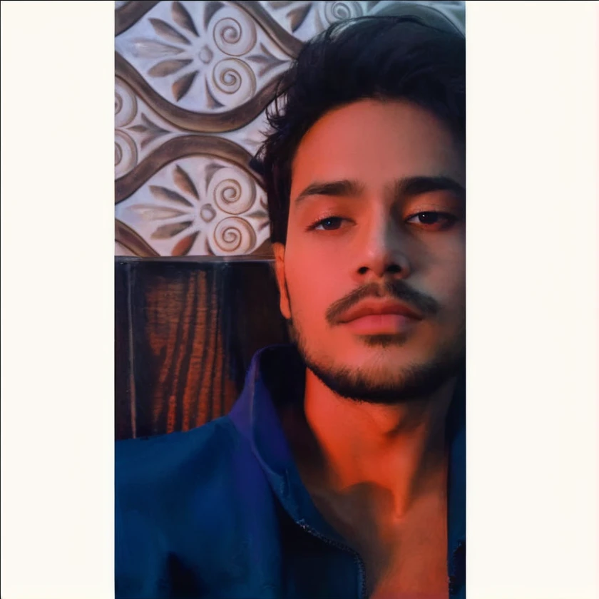 a photorealistic album cover, handsome young man with long dark hair, gazing upward with a thoughtful expression, detailed facial features, (1 man), (best quality,4k,8k,highres,masterpiece:1.2),ultra-detailed,(realistic,photorealistic,photo-realistic:1.37),dramatic lighting, glowing aura, atmospheric, cinematic, digital art, vibrant colors, sharp focus