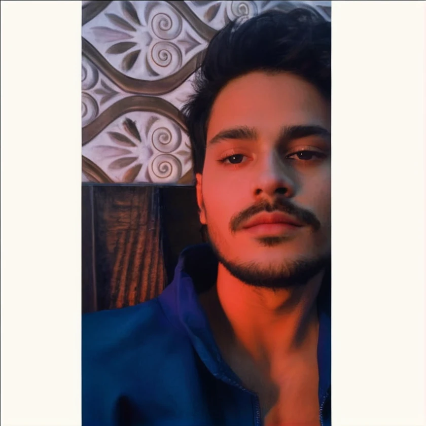 a photorealistic album cover, handsome young man with long dark hair, gazing upward with a thoughtful expression, detailed facial features, (1 man), (best quality,4k,8k,highres,masterpiece:1.2),ultra-detailed,(realistic,photorealistic,photo-realistic:1.37),dramatic lighting, glowing aura, atmospheric, cinematic, digital art, vibrant colors, sharp focus