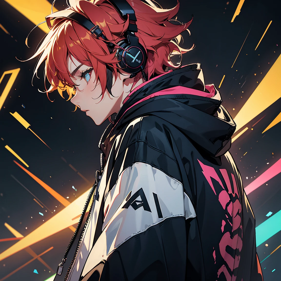 Boy, Male, Hair color is amber, profile, headphones, hoodie, vivid colors, neon, no background
