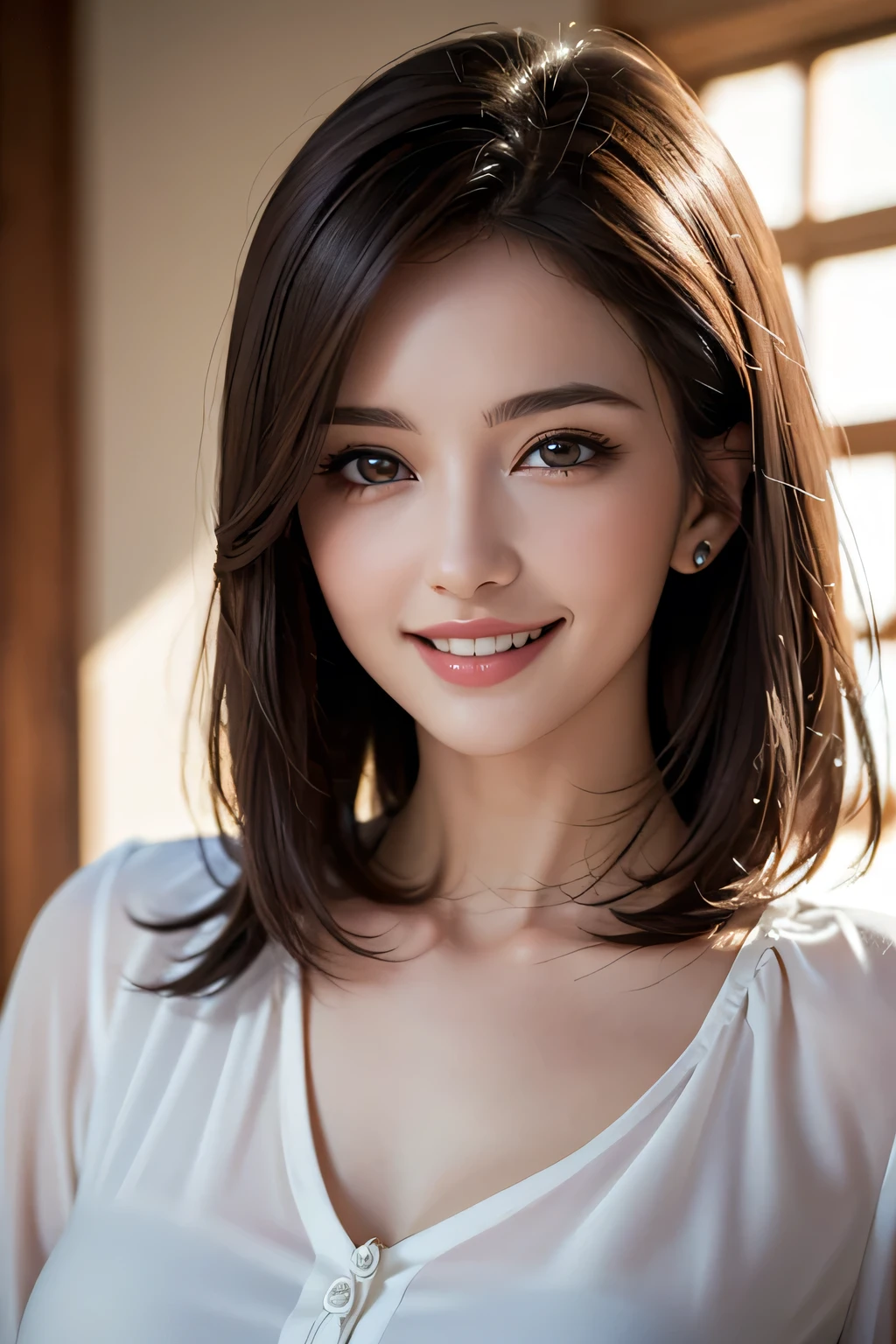 ((masterpiece)), ((Highest quality)), ((Complex)), ((Surreal)), (Realistic), (Mature Woman), ((There are no classes)), Very detailed, (1 female), Beautiful and exquisite, (Beautiful Teeth), Grin, Brunette bob hair, Brown eyes, ((blouse)), (Upper Body), (background:none), Perfect Eyes, Captivating eyes, Looking at the audience
