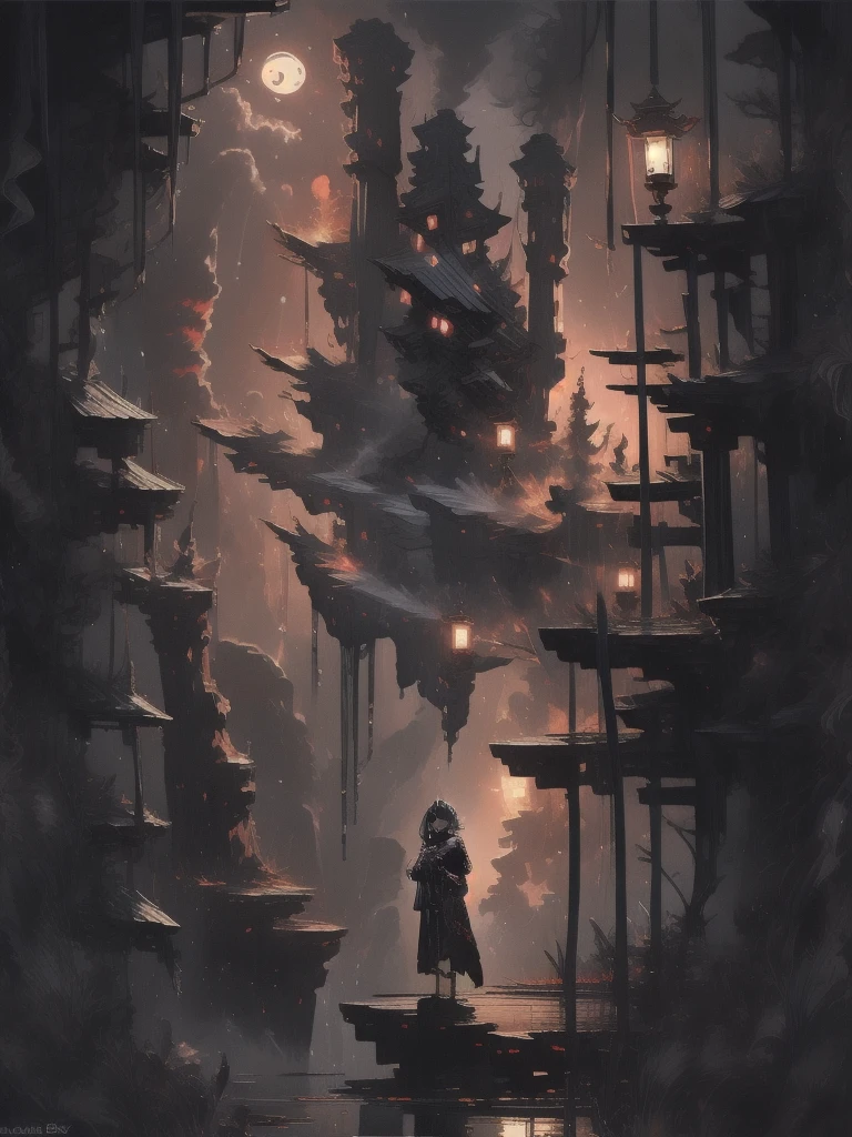 In Anime-art style, pixiv, masterpiece, 1 girl, (Close-up:1.1),Very Close to the Viewer( only half of the face is visible), soft lighting, Bloody sky, bloody environment, bloody rain, dark silhouettes, красный blood vibe, red vibe настроение, red like your blood, vampire life, Gothic, mysterious facial expressions, tattoos, aesthetics, rings and finger rings, web, head covered with dark cloth, Vampirism, на заднем фоне dark silhouettes, the character is closer to the viewer, видно только one eye, Focus on the character, Close-up, symbolism, a ritual, mirrors and paintings in the background, reflections, on the avatar, Dark art style, Blood runs down his face, portrait, leader, leads the concept, silhouettes behind, chaos, the weather is terrible, someone is spectating on her, DALLE, Close-up больших демонических глаз, сложные eyes, Unique Demon Ghouls, These images feature a dark, anime-style warrior with intricate tattoos and glowing red eyes, holding a blood-stained katana. The background includes a moonlit scene with shadowy samurai figures and a mysterious reaper, balanced to give equal focus to both the warrior and the background elements, creating a masterpiece, Digital art, city on the skyline, dark lighting, permission 1:1, blond hair, kimono, katana, Shanghai, nails painted black, in detail, moon and shadows, eyes, в eyesх отражение битвы, mysticism in the background, split personality, в eyesх готовится к битве, необычные eyes, scene, add more details, dark, fingers are proportional, serious look, holding a katana in his hands, only half of the face is visible, dystopia, night lighting, motion blur, красная и кровавая aesthetics, one eye, Close-up