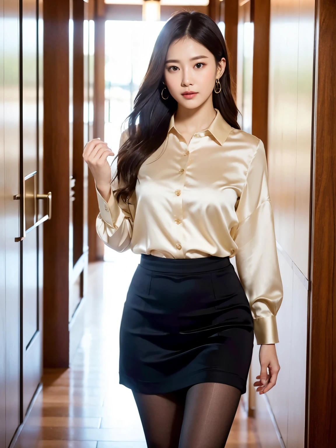 Elegant female teacher, Skirt and thighs、Age 27、height 162cm、Walking the hallway、Office Clothes, 高級silkブラウスを着て, (Ultra-realistic pantyhose)、Elegant slim beige blouse, Japanese girl, Neat and clean Japan woman, Japanese Goddess, Serious woman、Business attire, business suit, Wear a shirt, Businesswoman, silk, Cream colored blouse, 極薄のWear a shirt, Silk clothing, Wearing business casual clothes, business suitを着用する, business attire, Formal clothing, RAW Photos, (In 8K、Highest quality、masterpiece:1.2)、(Intricate details:1.4)、(Photorealistic:1.4)、Octane Rendering、Complex 3D rendering with ultra-detail, Studio Soft Light, Rim Light, Vivid details, Super Detail, Realistic skin texture, Detailed aspect, Beautiful details in the eyes, Highly detailed CG Unity 16k wallpaper, compensate, (Detailed Background:1.2), Glowing Skin、Exposed thighs!!!、High heels、
