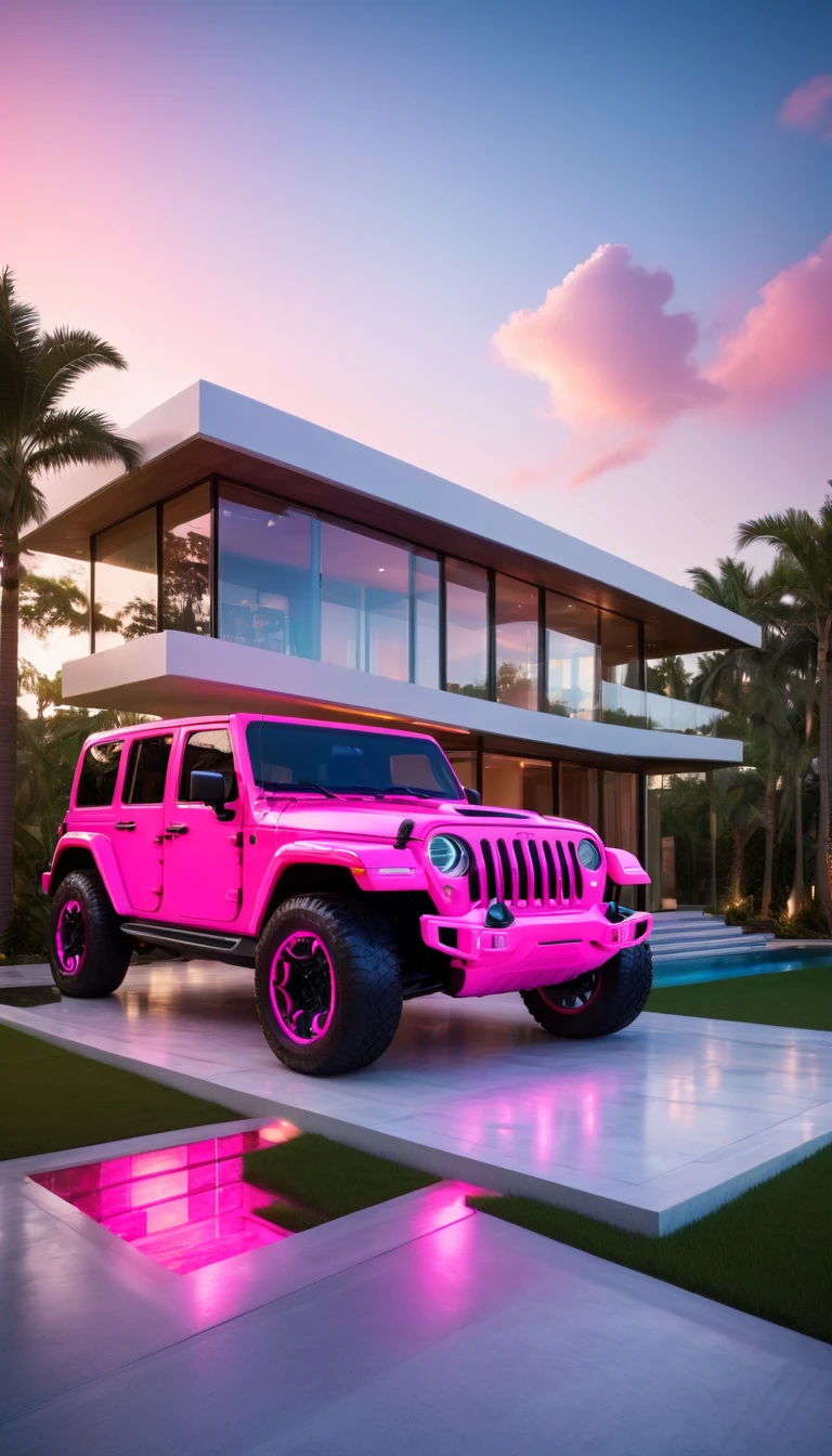 a futuristic house with a floresent hot pink jeep wrangler parked in front of it, cgsocietywlop, beautiful curves, intricate devilish designs, qualia, interesting shapes & form, wow factor, elaborate polished, bioluminescent, colorfull, glow, fluid, architectural rendering, miami, orange soft lighting in interior of house, futuristic battlefield, inspired by James E. Brewton, precise architectural rendering