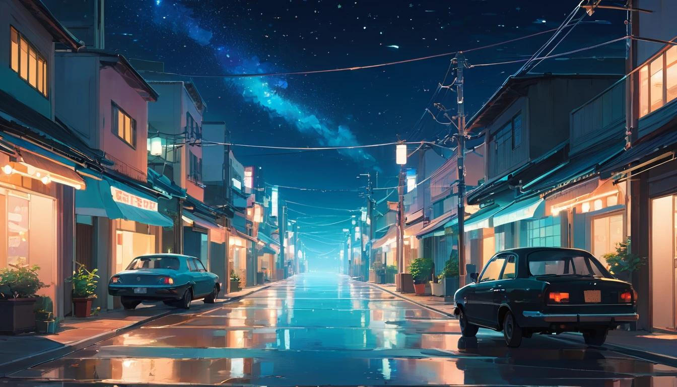 Neon cityscape, Quiet streets and a starry sky, Anime Style ((Makoto Shinkai)), Makoto Shinkai&#3 background Full HD Anime, Conceptual artwork, tumbler, magical realism, Cute Anime, Full HD Anime