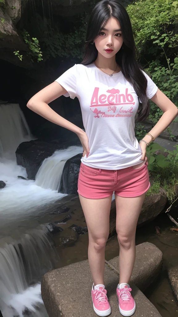 a very cute girl, solo, young, wearing good t-shirts and short pants,medium breast, standing, long hairs, red lips, at camp, realistic face, full body, blue shoes, background waterfall,black hair, pink asesoris