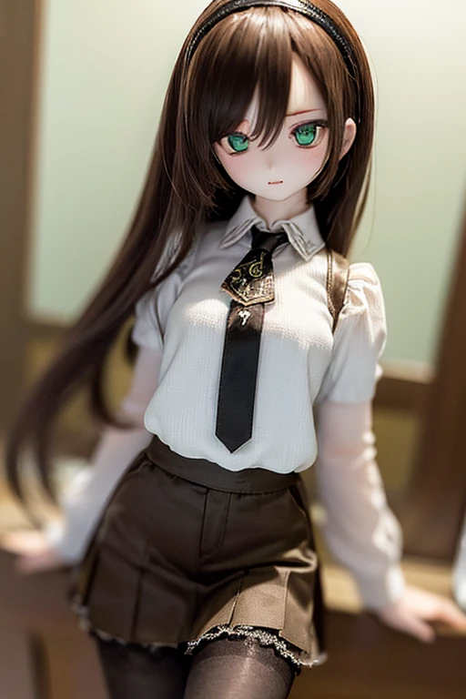 (SFW:2), photorealistic, realistic photo, 8k, ((highest quality)), ((masterpiece)), (extremely detailed), kukolnydom, doll, (mature woman, 21yo, 21 years old, solo:1.6), ((cowboy shot, stylish pose, slim, slender, skinny, medium breasts, hairband, ascot, vest, shirt, puffy sleeves, pleated skirt, black pantyhose)), (green eyes, brown hair, long hair, plastic skin, looking at another, glass eyes, gradient eyes, shining eyes, detailed eyes:1.3)