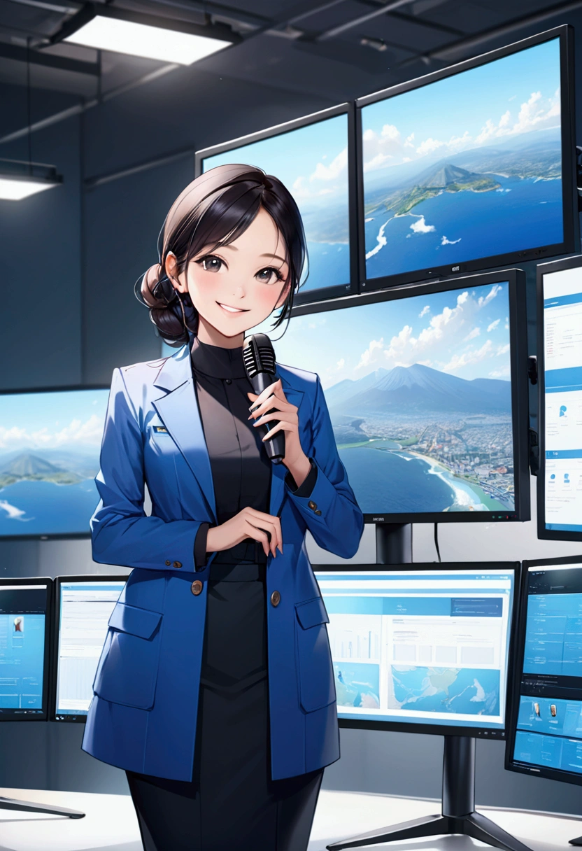 Photography image of an Indonesian female customer service person wearing a black wireless mic, wearing a blue long jacket. Radiant face, smile, charismatic. Background view in a spacious studio, several monitor screens. Realistic, ultra hd 24k, stand full body view.