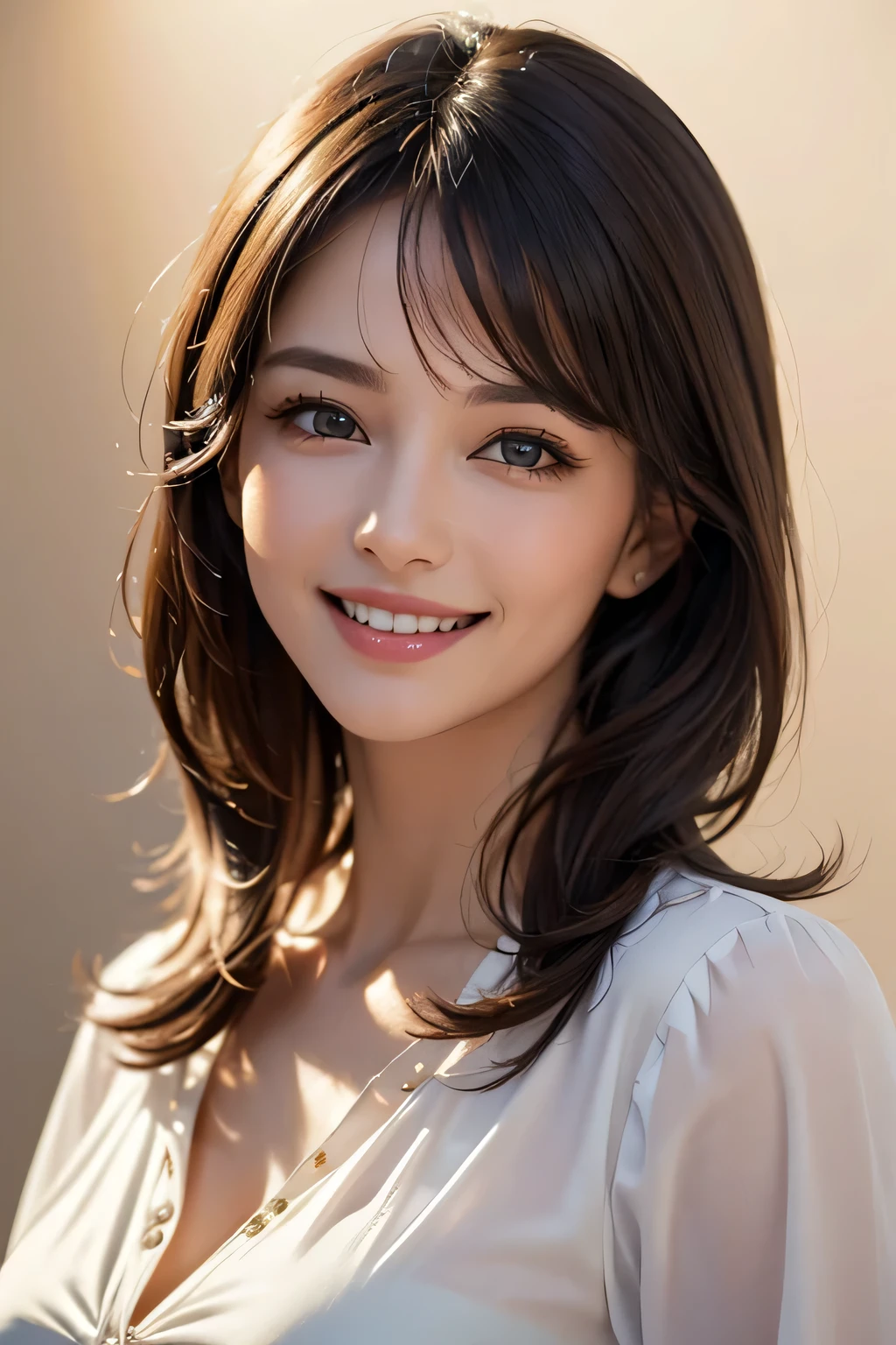 ((masterpiece)), ((Highest quality)), ((Complex)), ((Surreal)), (Realistic), (Mature Woman), ((No classes)), Very detailed, (1 female), Beautiful and exquisite, (Beautiful Teeth), Grin, Brunette Bob Hair, Brown eyes, ((blouse)), (Upper Body), (background:none), Perfect Eyes, Captivating eyes, Looking at the audience