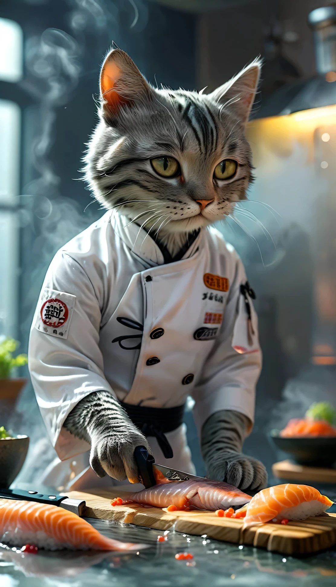 Close-up photo (Gray sushi chef tabby cat:1.2) (Cutting fish with a knife on the table:1.2), (manner:1.3), Glasstech Kitchen, Ultra-realistic, Intricate details, (Foggy:1.1), View from below