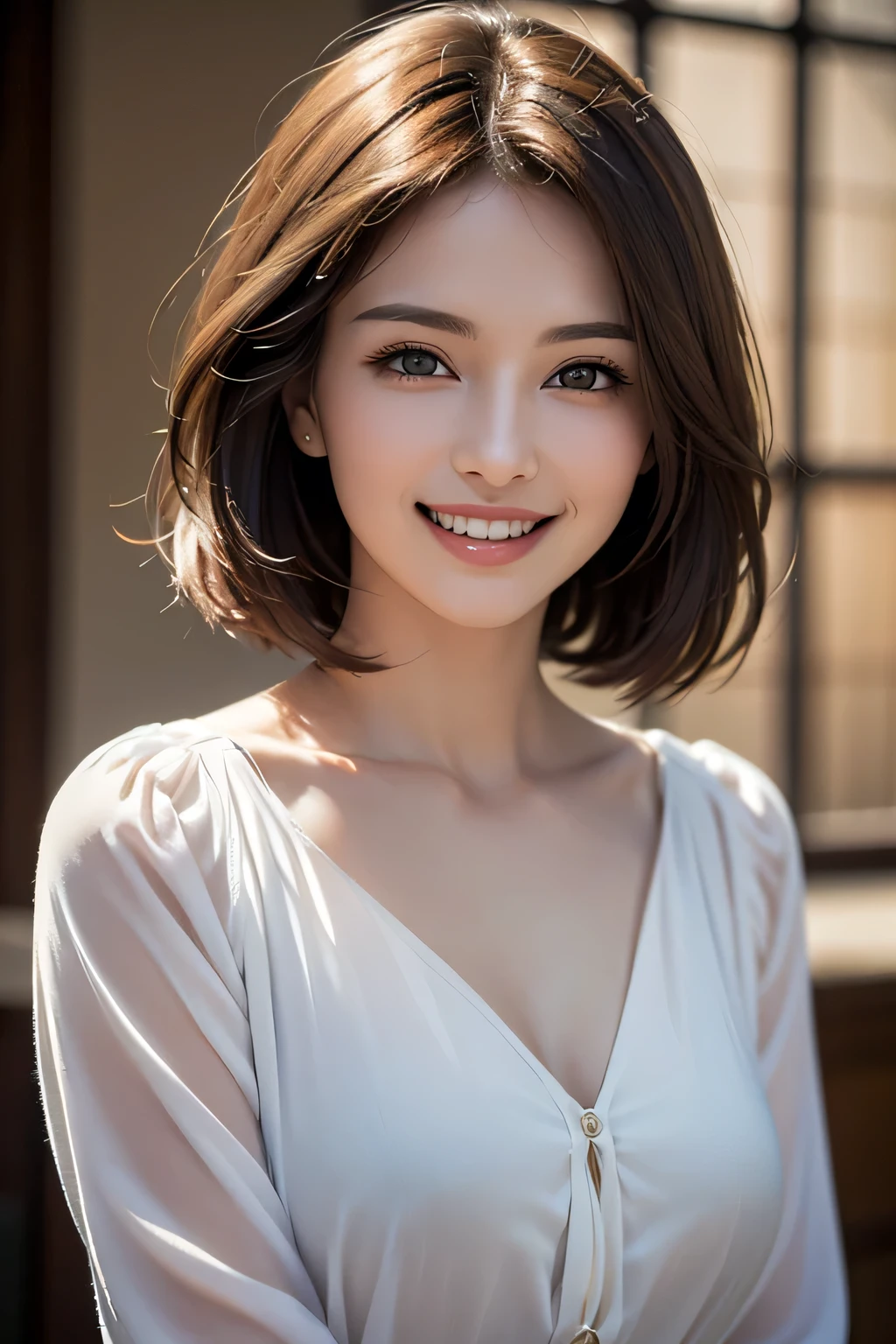 ((masterpiece)), ((Highest quality)), ((Complex)), ((Surreal)), (Realistic), (Mature Woman), ((There are no classes)), Very detailed, (1 female), Beautiful and exquisite, (Beautiful Teeth), Grin, Brunette bob hair, Brown eyes, ((blouse)), (Upper Body), (background:none), Perfect Eyes, Captivating eyes, Looking at the audience
