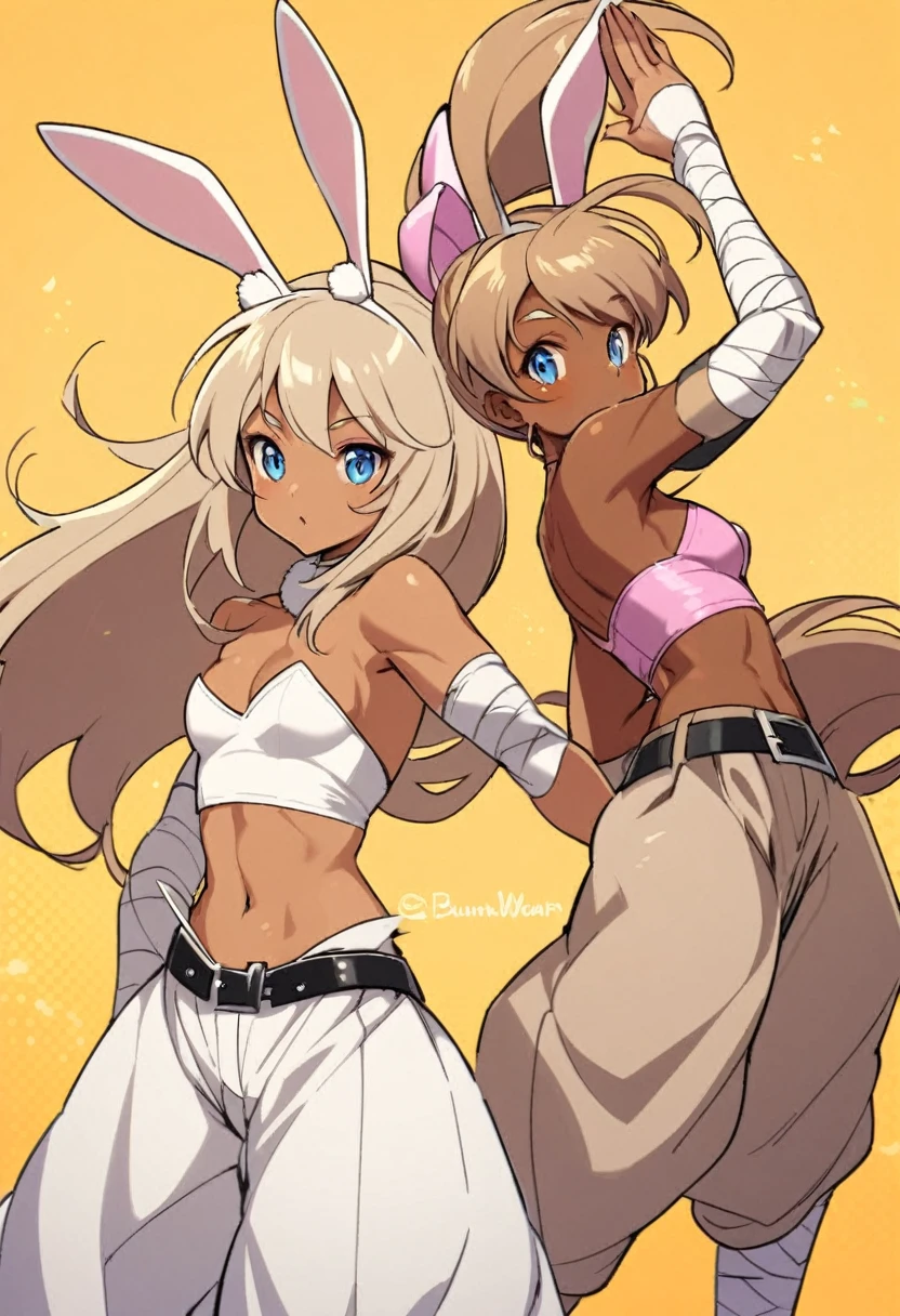 Bunny woman, rabbit woman, baggy pants, belt, blue eyes, tan skinned female, tanned, tan skin, dark skin, long pony tail, light brown hair, midriff, arm wraps,