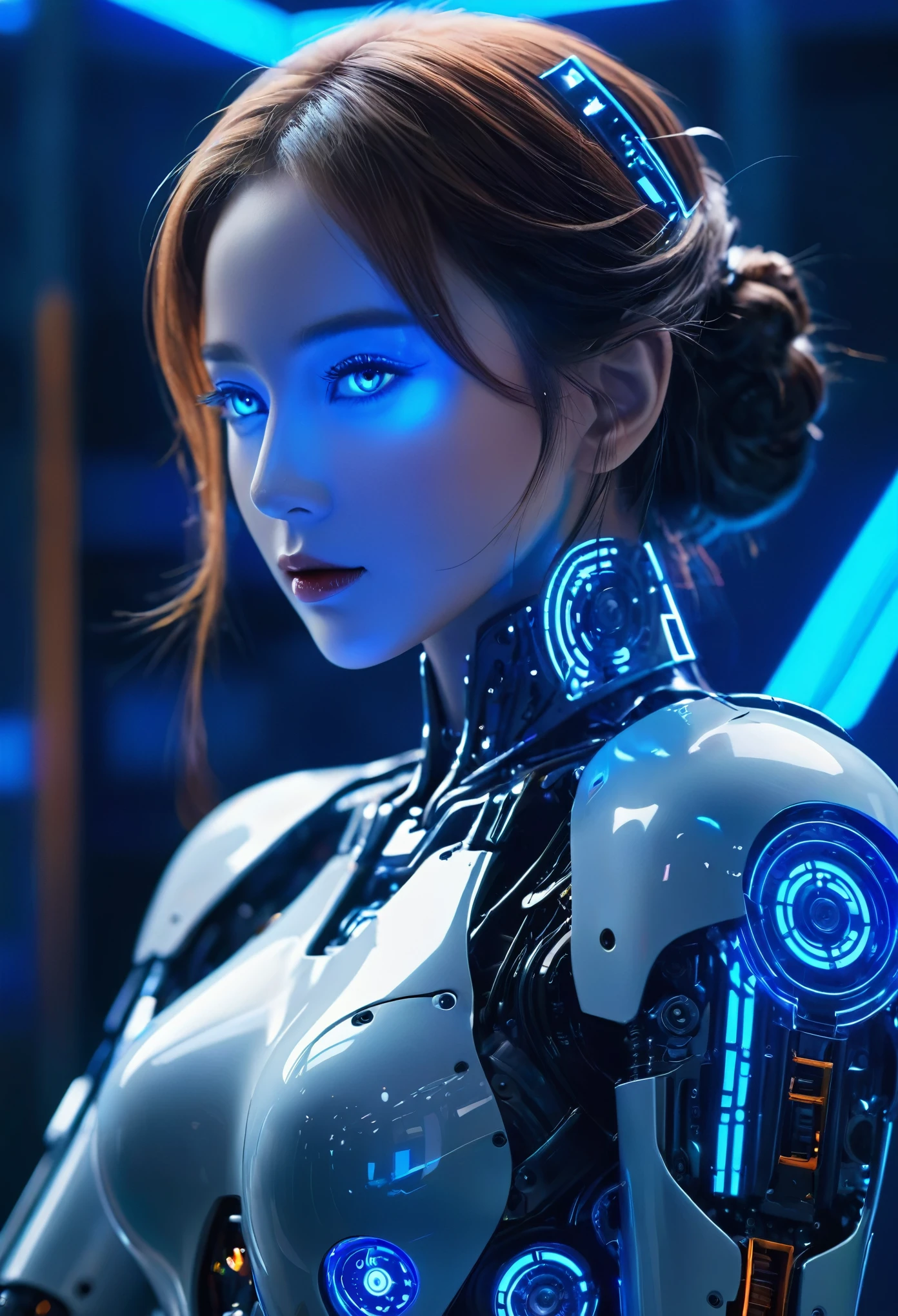 Amazing artificial intelligence, Beautiful woman with a robot body, Ultra-realistic, Movie angle, Blue neon blurry background, Apparent circuit,  Vibrant, detailed, Zubrash, Manga illustration, Trending on Art Station. Peter Moerbacher, From wlop, Luan Jia, Alphonse Mucha, By Dmitry Prozorov, Norman Rockwell,