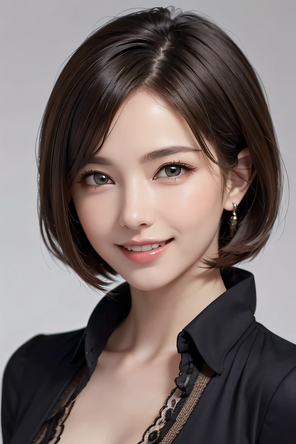 ((masterpiece)), ((Highest quality)), ((Complex)), ((Surreal)), (Realistic), (Mature Woman), ((There are no classes)), Very detailed, (1 female), Beautiful and exquisite, (Beautiful Teeth), Grin, Brunette bob hair, Brown eyes, ((blouse)), (Upper Body), (background:none), Perfect Eyes, Captivating eyes, Looking at the audience