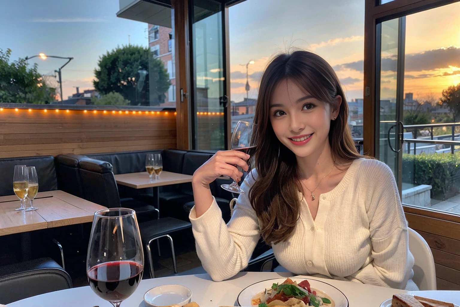 （Realistic:1.1）,(masterpiece,Highest quality)，8k,(45 years old), 42 years old, slimカップル、Model Couple、actress/actor、Tight waist,Upper Body,full-course dinner、wine 、Amazing view of the sunset sky and clouds、Perfect ???????, Brown Hair, short hair,Random Hairstyles,((Highly detailed face and eyes:1.2))(cute顔:1.4)，美しいactressの顔，Perfect golden ratio face，Long sleeve shirt、dress,(smile:1.2)、Shortcuts、cute、(Realistic, Intricate details:1.2), A bright smile、short hair,Bright Face、赤wine 、Appetizers、Italian food、wine bottle、Champagne、スパークリングwine、(slimな顔), (The body is slim), (Brown Hair), (Shortcuts),  Upper Body, 白wine, slim, wineグラス, 