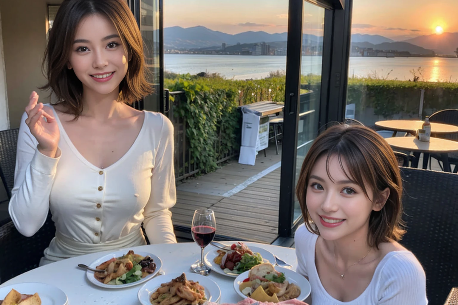 (Realistic:1.1),(masterpiece,Highest quality),8k,(45 years old), 42 years old, slimカップル、Model Couple、actress/actor、Tight waist,Upper Body,full-course dinner、wine 、Amazing view of the sunset sky and clouds、Perfect Anatomy, Brown Hair, short hair,Random Hairstyles,((Highly detailed face and eyes:1.2))(cute顔:1.4),美しいactressの顔,Perfect golden ratio face,Long sleeve shirt、dress,(smile:1.2)、Shortcuts、cute、(Realistic, Intricate details:1.2), A bright smile、short hair,Bright Face、赤wine 、Appetizers、Italian food、wine bottle、Champagne、スパークリングwine、(slimな顔), (The body is slim), (Brown Hair), (Shortcuts), Upper Body, 白wine, slim, wineグラス,