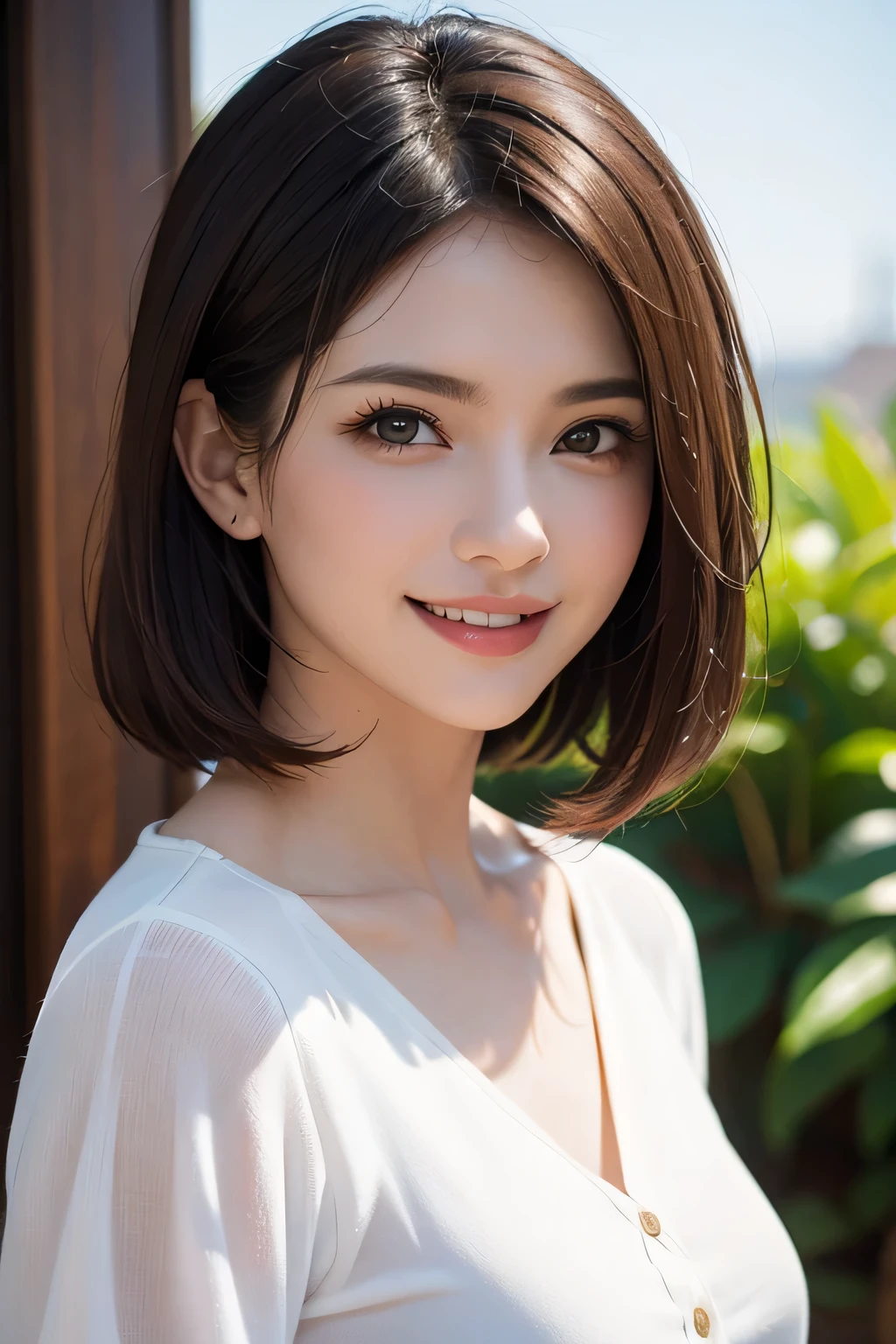 ((masterpiece)), ((Highest quality)), ((Complex)), ((Surreal)), (Realistic), (Mature Woman), ((There are no classes)), Very detailed, (1 female), Beautiful and exquisite, (Beautiful Teeth), Grin, Brunette bob hair, Brown eyes, ((blouse)), (Upper Body), (background:none), Perfect Eyes, Captivating eyes, Looking at the audience