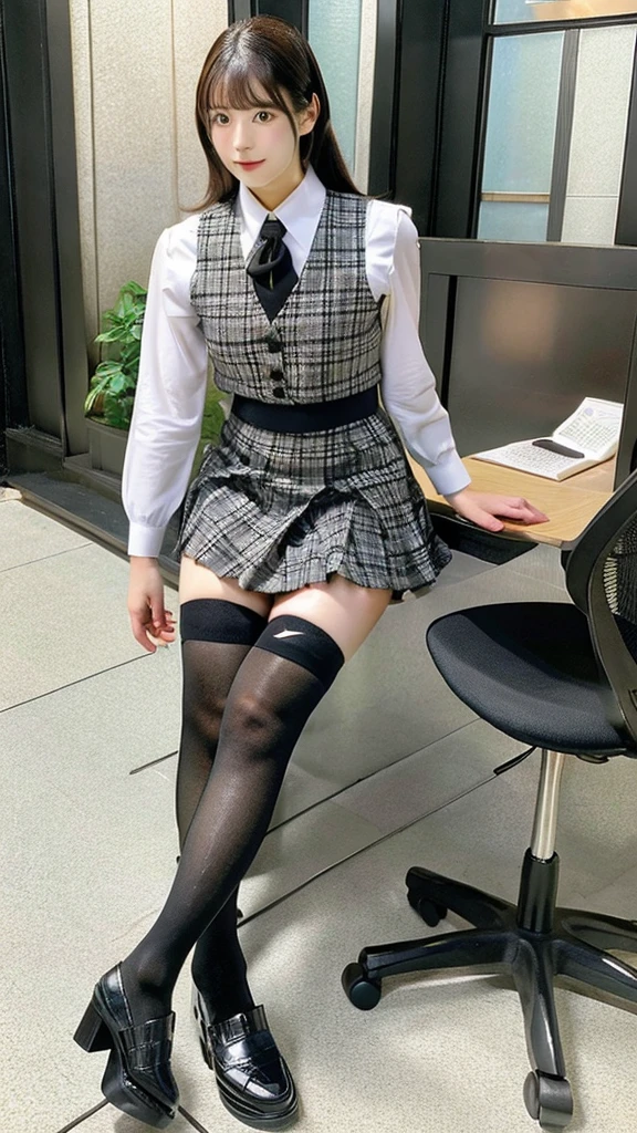 LAHO Beauty。Very sexy、Office lady with strong sexual desires。24-year-old office lady、The beauty of a suit、A cool beauty with big breasts that make her undershirt bulge、career woman、Japanese Beauty、The button on my chest is about to come off、ulzzang-6500-v1.1、(RAW Photos:1.2)、(Photorealistic)、(Genuine:1.4)、(Peace Fly)、A calm-looking woman wearing a checked vest、Large Bust Body Type。Mini skirt with exposed thighs、The legs are plump。(Ultra-realistic black Nike logo socks:Panty visible pose、There are stains on the panties:1.2)。Japanese Goddess、Wearing black high heels、Sexy gaze with black socks、((Full Body Shot:1.16))、Highlighted with knee-length socks featuring the Nike logo。Nike logo on socks。Wearing black high heels