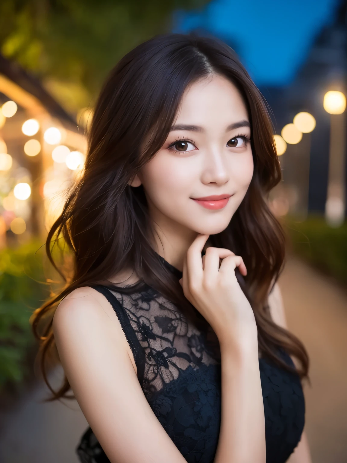 ((Highest quality, 8k, masterpiece :1.3)), One girl, smile, whole body, Slim face, Beautiful woman, (Dark brown hair), Full-length dress :1.1, Ultra-realistic pantyhose、Highly detailed face, Detailed eyes, double eyelid,  Blur the background, Slim face, Night garden、Silence、Feeling of love、