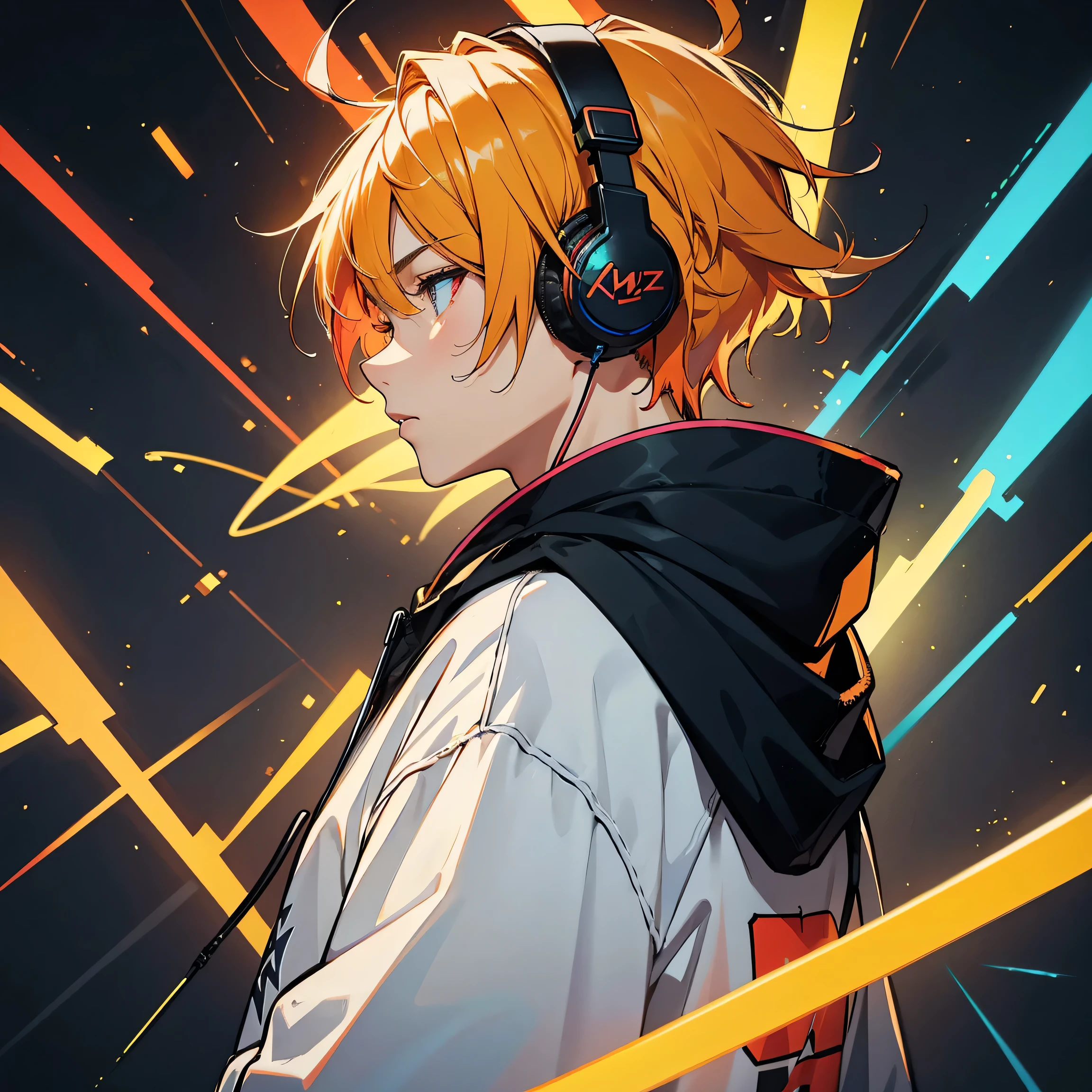 Boy, Male, Hair color is amber, profile, headphones, hoodie, vivid colors, neon, no background