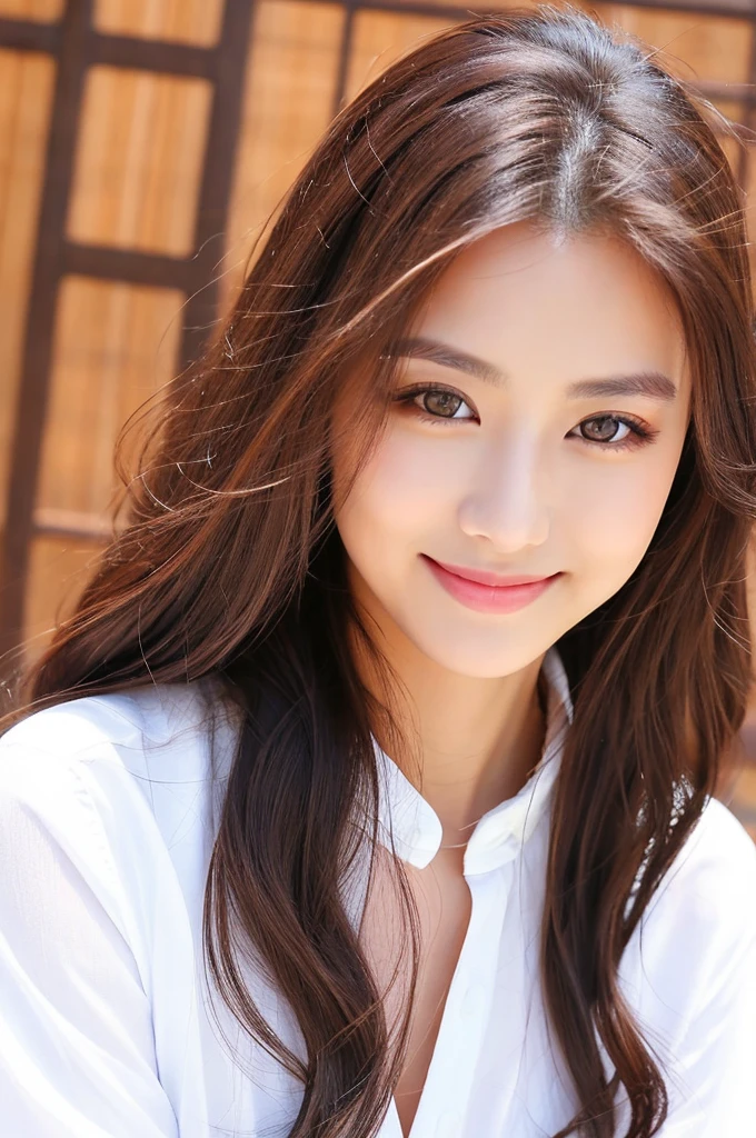 Professional photo shoot。future、Beautiful Eyes、 ((Highest quality)), Clear contours, Woman with beautiful face, (((One Girl,alone))), ((Beautiful Eyes)), Three-dimensional background、Brown long hair、Fully open shirt,smile、21-year-old Japan woman、slim