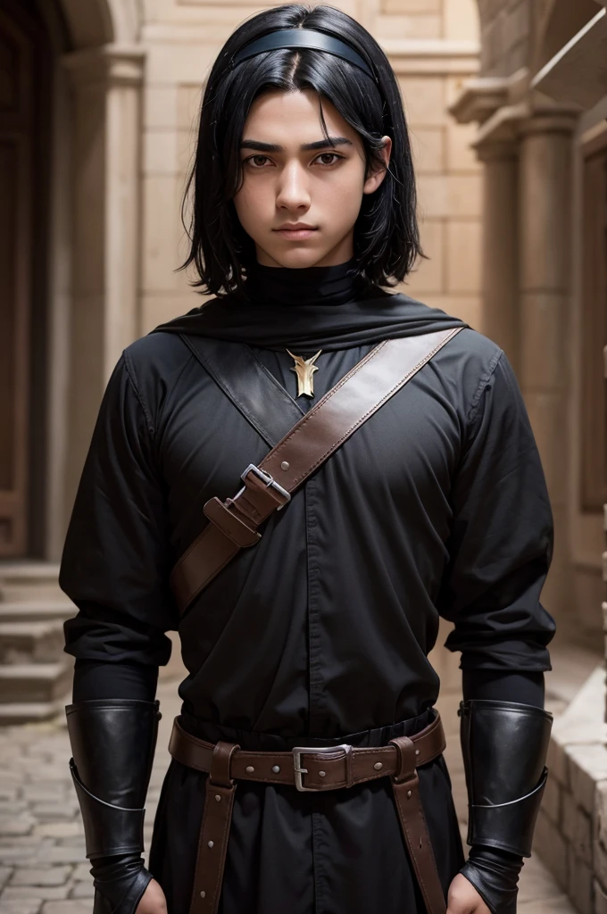 A boy with straight black hair and a black headband and a black breastplate 