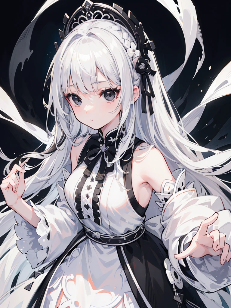 (Top image quality)、(Very detailed)、(Facing forward)、Top quality、masterpiece、(((1 girl )))、Silver Hair、White hair、((Long hair))、Weaving、(black eyes:1.6)、(White and black cheongsam)、Hooded dress、Lots of decorations、Lots of ribbons、White Ribbon、ruthless、Journey to the West、Fluffy loose hair