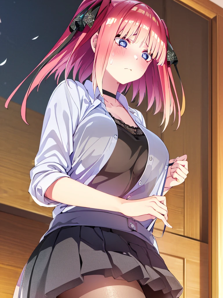 One Girl, Glowing Skin, 最high quality, (Game CG:1.4), Browsing Caution, Beautiful face and eyes in every detail、Tiny Lingerie, strict, ample breasts、((最high quality)), (Very detailed), (Very detailed CG 統合 8k 壁紙), Very detailed, High resolutionのRAWカラー写真, Professional photography,From below, ((Embarrassed face)))、(((Anguished expression)))、Glare, anger、 Full Shot、 最high quality, masterpiece:1.5), (Realistic, 私ntricate details:1.2), 超High resolution, (high quality, High resolution, Finer details), alone, Curvy Women, blush, Sweat, Oily skin, Shallow depth of field,(masterpiece、最high quality、High resolution、unity 8k wallpaper、Very detailedCG:1)、(Consciousness upward:1.0)、One Girl、最high quality、8Kmasterpiece、((software)), (18-year-old female, Beautiful detailed woman, ,(Micro Mini Skirt), ((With a shy look:1.5)), Hard nipples, Narrow waist, , Ultra mini skirt, ((Black Pantyhose)),Looking down,blue eyes, hair ornaments, Hair Ribbon,Show your forehead、Twin tails、Random colored see-through  uniform、Lace choker, short hair,,No bra,,Very detailedな肌, Realistic texture、Very detailedな顔, (Beautiful Fine Eyes, ,The girl has a toned figure.,  大量のSweatをかく、Sweatで濡れた髪、Sweatで透ける服、Sweatだく、目立つSweat、Sweatでぬれた髪、Athlete System、Cherry blossoms fluttering down、Silver Hair、Night cityscape。Reflection of light、moonlight、