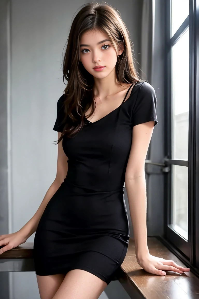 femme brunette de 18 ans sexy et mince , black short sleeve dress, salle de classe, se touche,position sey,sensuel,short en jean,