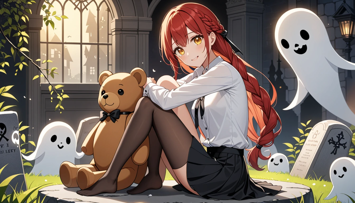 hand, hand, long hair, รอยsmile, smooth, small breasts, (yellow eyes:1.2), long hair, red hair, braided ponytail, big eyes,นั่วHug a teddy bear,sexy,full body,Sitting position,Hug a teddy bear,smile,flirt,grave background,ghost,วิญญาณ
Take a break shirt, long sleeve, white shirt, dress shirt, skirt, black skirt, It's official., suit, black nightie, lady,
Take a break (Masterpiece:1.2), best quality, high resolution, Harmony wallpaper 8K, (illustration:0.8), (Beautifully detailed eyes:1.6), Very detailed face, perfect lighting, The CG is very detailed., (handที่สมบูรณ์แบบ, perfect anatomy),