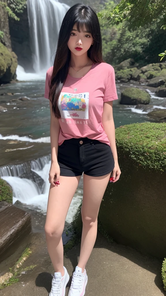 a very cute girl, solo, young, wearing good t-shirts and short pants,medium breast, standing, long hairs, red lips, at camp, realistic face, full body, blue shoes, background waterfall,black hair, pink asesoris