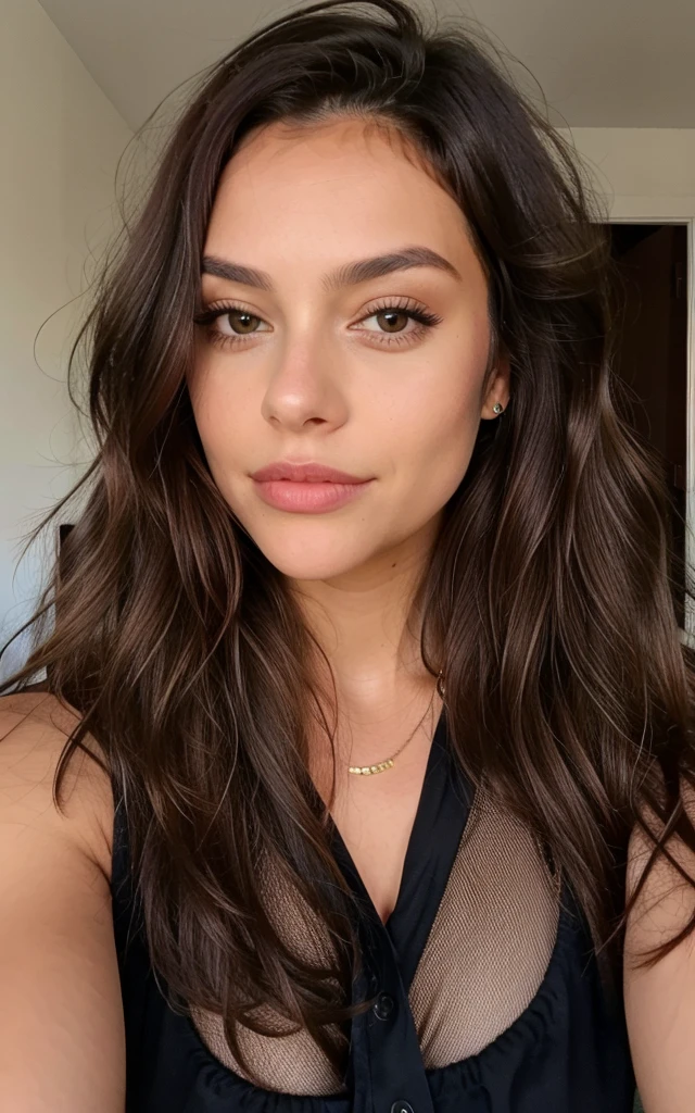 1 femme, Long Wavy Hair, dark brown eyes, top, Selfie, sexy