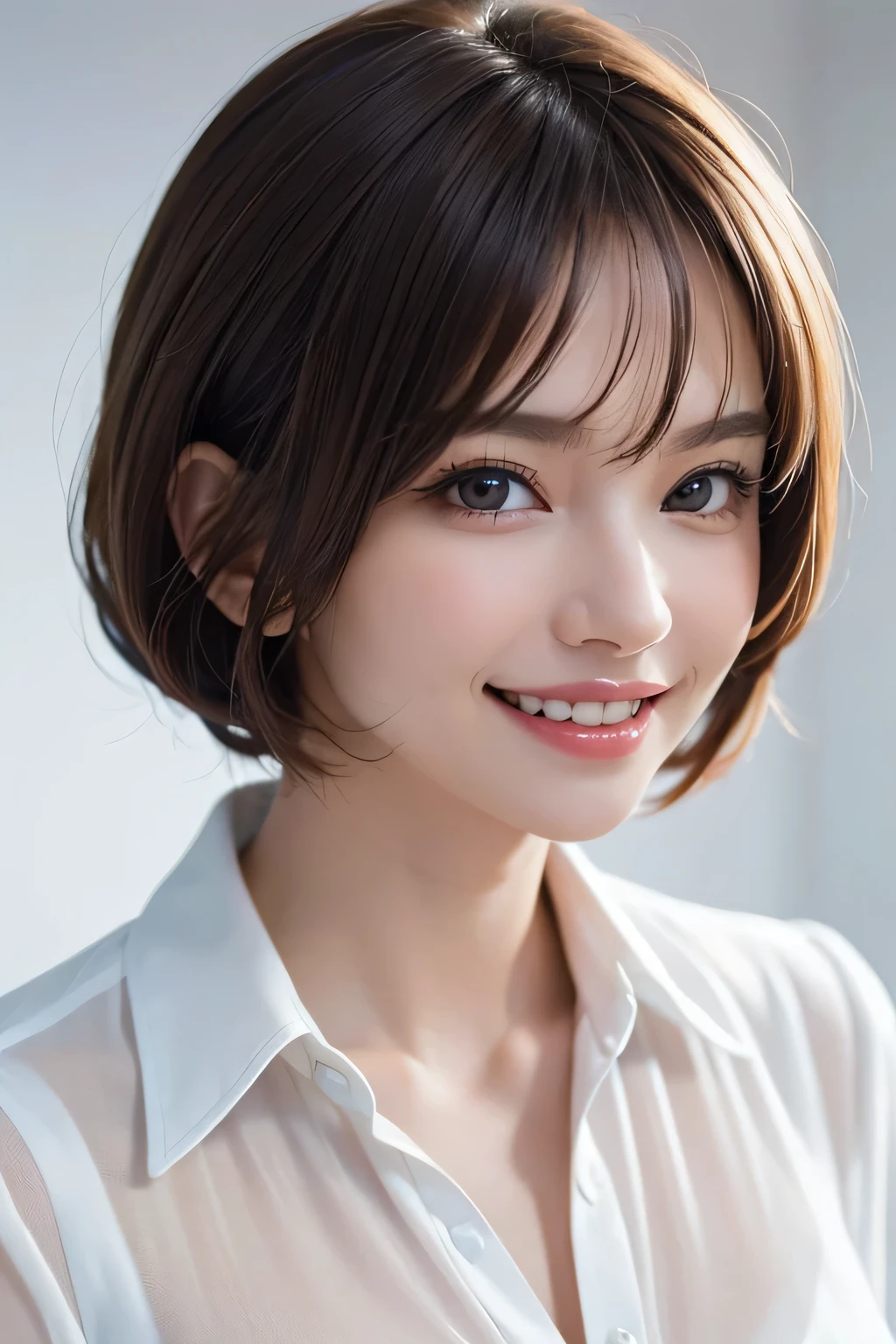 ((masterpiece)), ((Highest quality)), ((Complex)), ((Surreal)), (Realistic), (Mature Woman), ((There are no classes)), Very detailed, (1 female), Beautiful and exquisite, (Beautiful Teeth), Grin, Brunette bob hair, Brown eyes, ((blouse)), (Upper Body), (background:none), Perfect Eyes, Captivating eyes, Looking at the audience