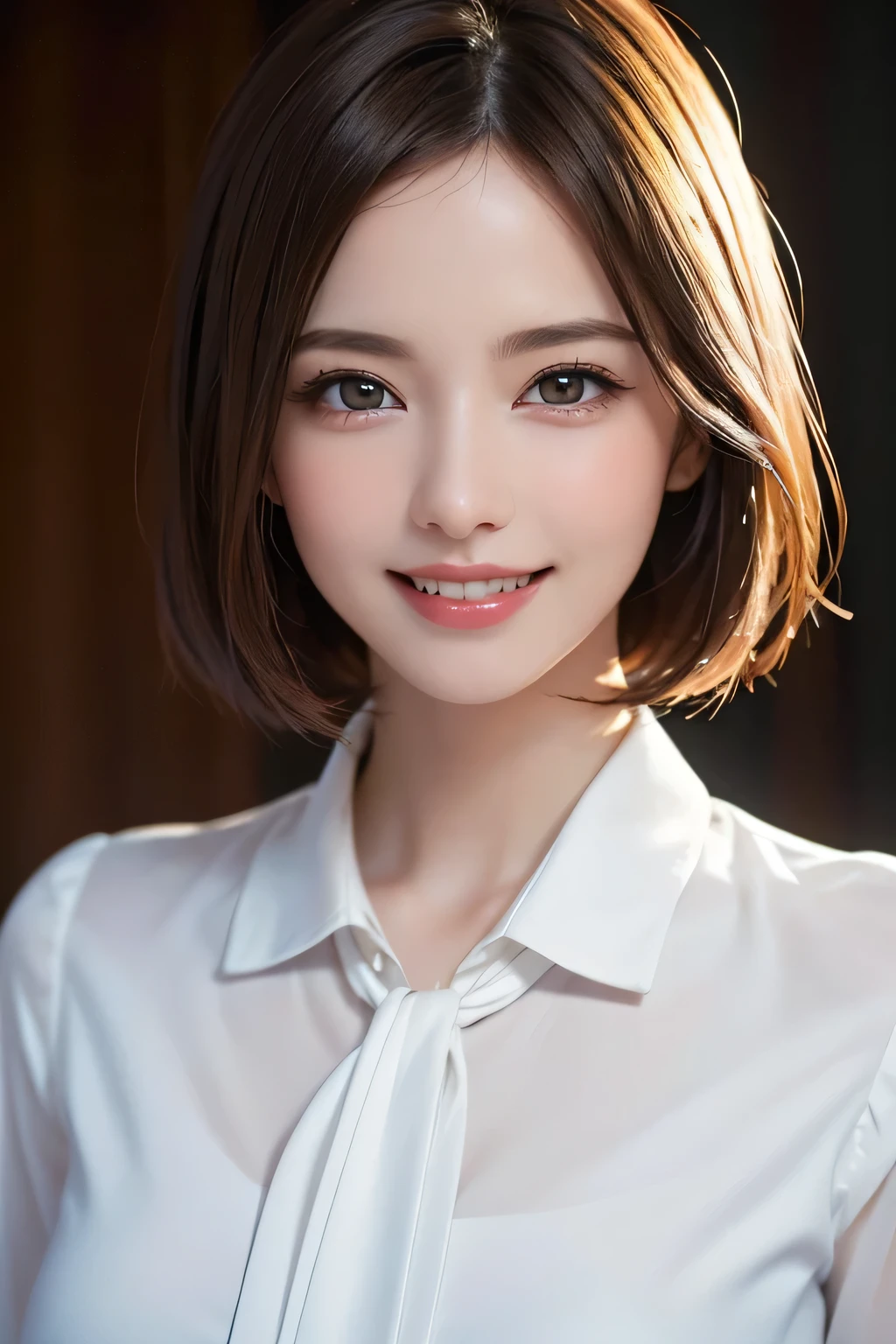 ((masterpiece)), ((Highest quality)), ((Complex)), ((Surreal)), (Realistic), (Mature Woman), ((There are no classes)), Very detailed, (1 female), Beautiful and exquisite, (Beautiful Teeth), Grin, Brunette bob hair, Brown eyes, ((blouse)), (Upper Body), (background:none), Perfect Eyes, Captivating eyes, Looking at the audience