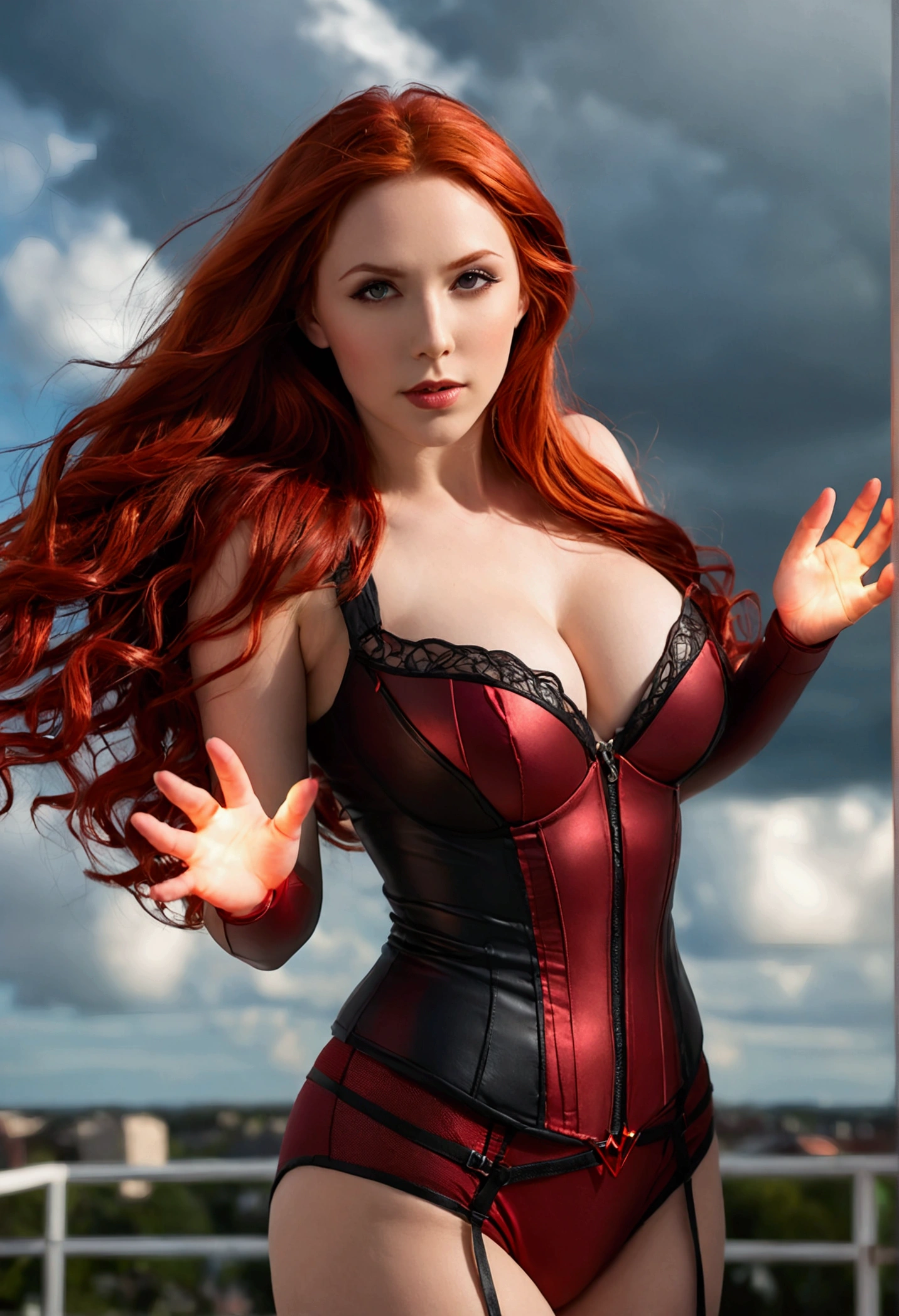 ultra realistic, photography, long red hair, girl, 24 years old, hourglass figure, perfect body, Flirty look, extremely detailed artgerm, in the style artgerm, facing the camera, lens 35 mm, blur background, scarlet witch cosplay, floating in the air, red electric glowing hands, outside in darkening clouds, clouds with red electricity, full body, full body pic