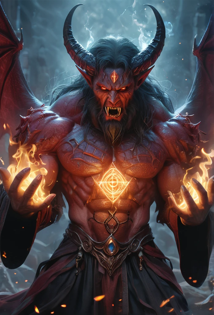 (best quality,4k,8k,highres,masterpiece:1.2),ultra-detailed,(realistic,photorealistic,photo-realistic:1.37),summoned from a magic square,dimensions-shifting giant demon,imposing monstrous figure,otherworldly,terrifying,highly detailed face and body,enormously clawed hands,mystical aura,glowing fiery eyes,sharp fangs and pointy ears,inhuman features and proportions,dark,ominous atmosphere,dramatic lighting,cold color palette,magical particles swirling around,demonic energy emanating,powerful presence,ethereal beauty,herculean strength,captivating gaze,unsettling presence,haunting and mesmerizing,horrifyingly enchanting